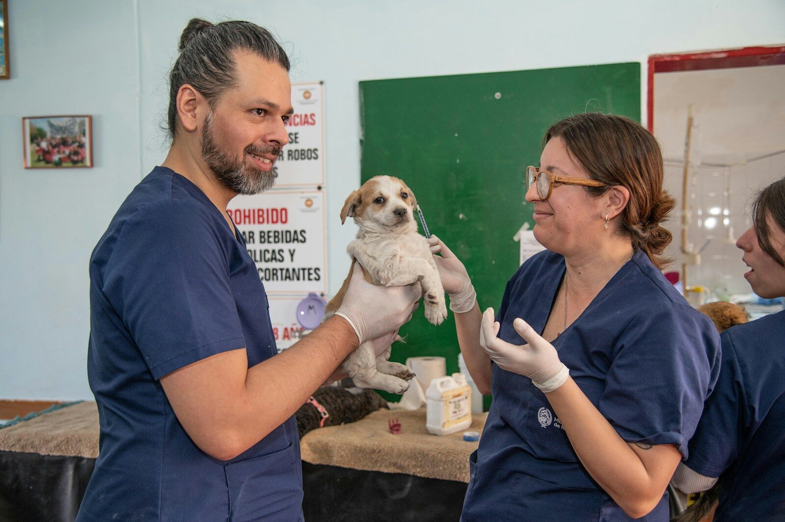 a man holding a small dog in a room